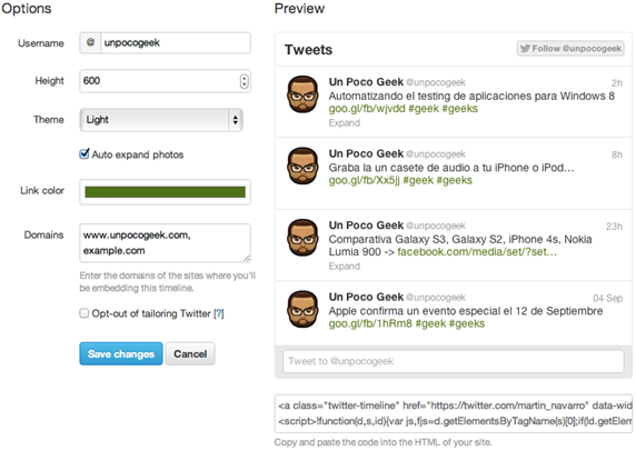 Widgets Configurator twitter embed - unpocogeek.com