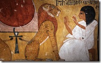 Tomb of Inherkhau showing him kneeling before the lion of Akheru, Deir el-Medina, West Bank, Luxor, Egypt
