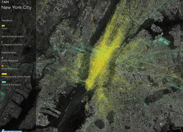 Visualizando los check-ins de foursquare durante un día