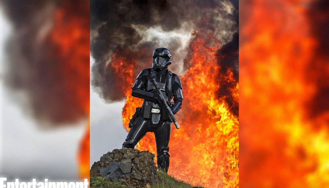 Un Deathtrooper con mucho fuego detrás