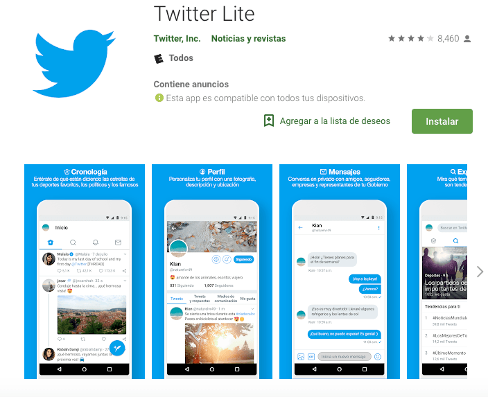 Descarga Twitter lite para tu smartphone de bajos recursos o redes de baja potencia.